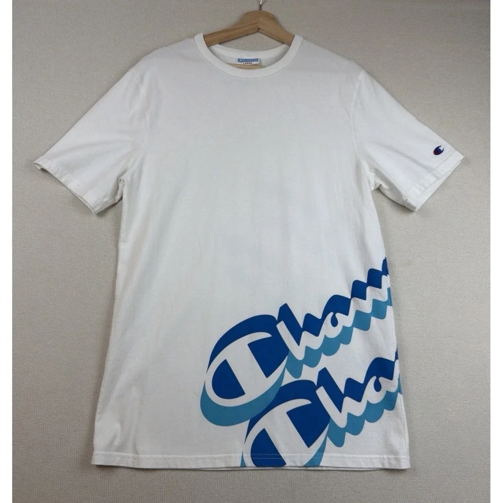Champion T-Shirt Men's Short Sleeve Spell Out Wrap Around Size L Logo Athletic - Picture 3 of 12